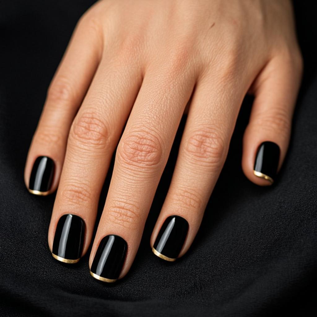 Uñas coffin mate negro con french chrome dorado